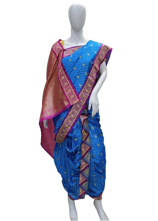 WOMEN'S NAGMODI BANARAS BUTTI SEMI SILK NAUVARI SAREE (Free, Chintamani) - Banaras Semi Silk - Shalgar, , Pune, Maharashtra
